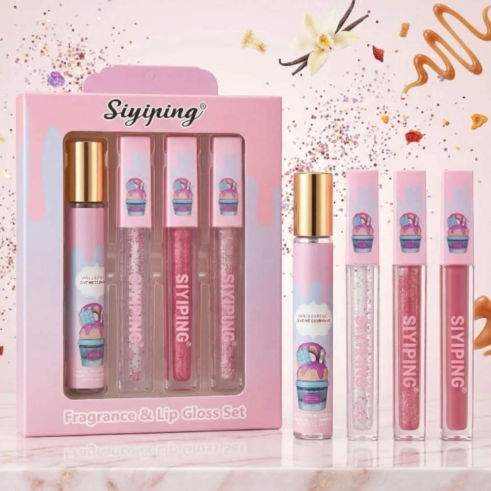 Siyiping Vanilla Perfume & Lip Gloss Set 4 Pc Gift Set Eau De Toilette + Glosses
